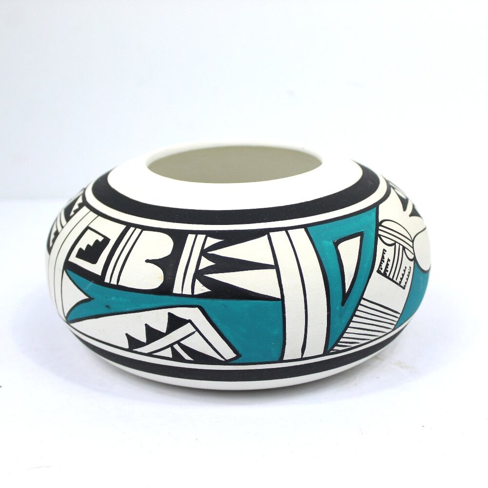 Mexican Pottery Turquoise White Black Pueblo Pottery Bowl Signed  R Galvan